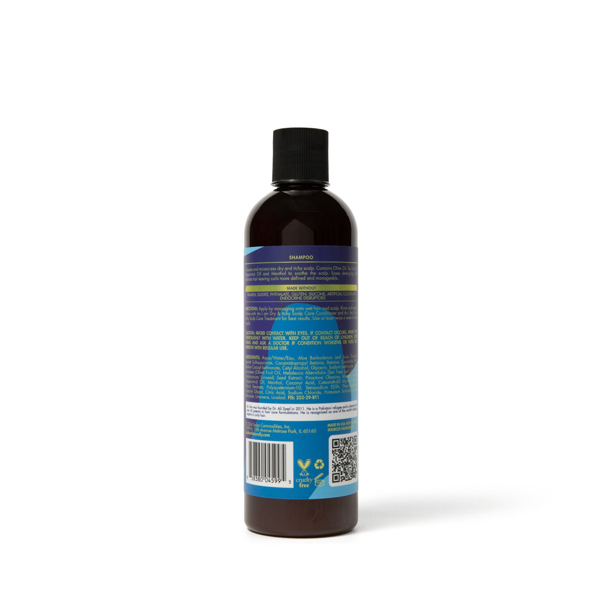 Bagsiden af As I Am Dry & Itchy Scalp Care Shampoo (355 ml) flasken, der viser produktinformation, ingrediensliste, brugsanvisning, advarsler, stregkode og QR-kode.