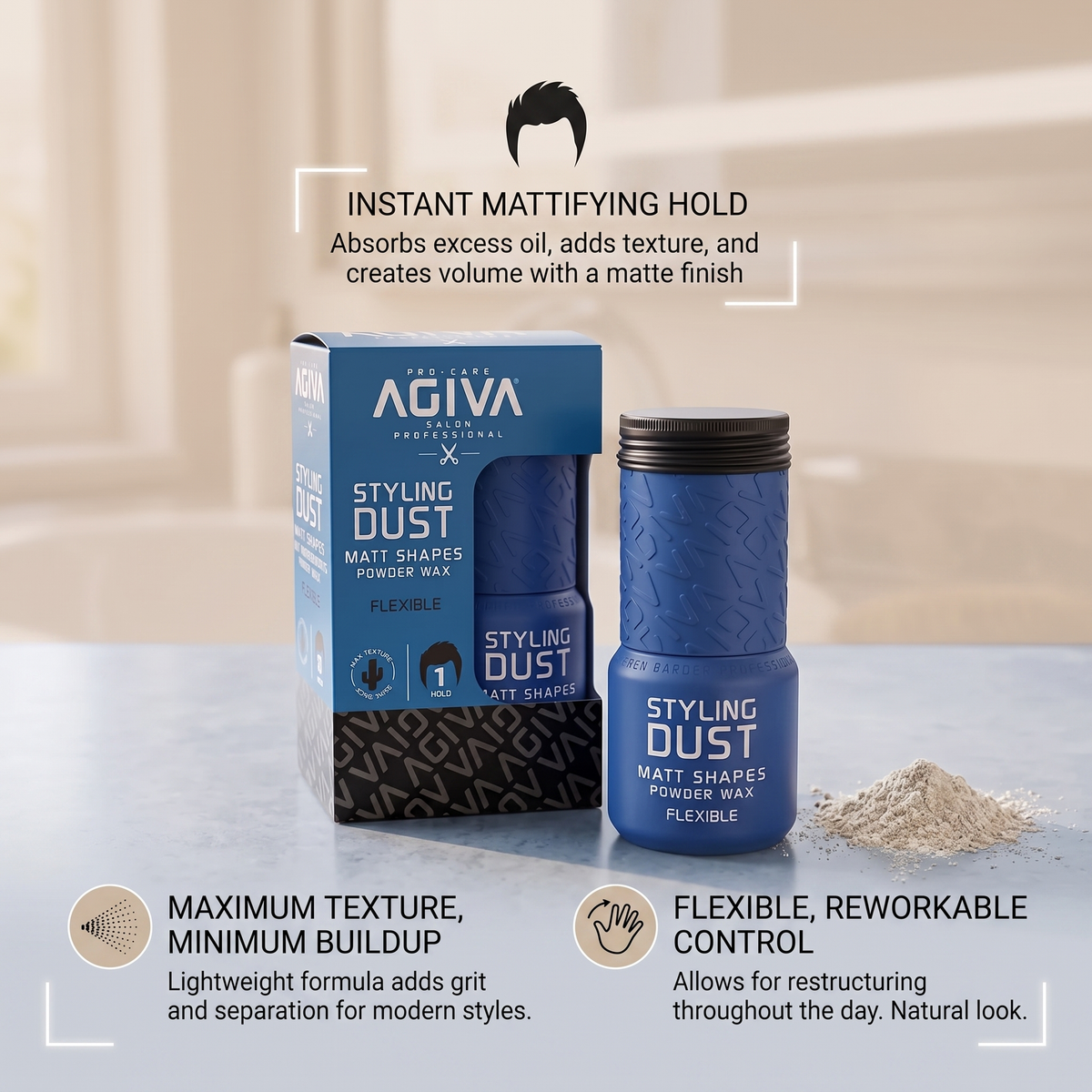 Agiva Styling Dust Matt Shapes Powder Wax i blå emballage og dåse med hvidt pudder ved siden af.