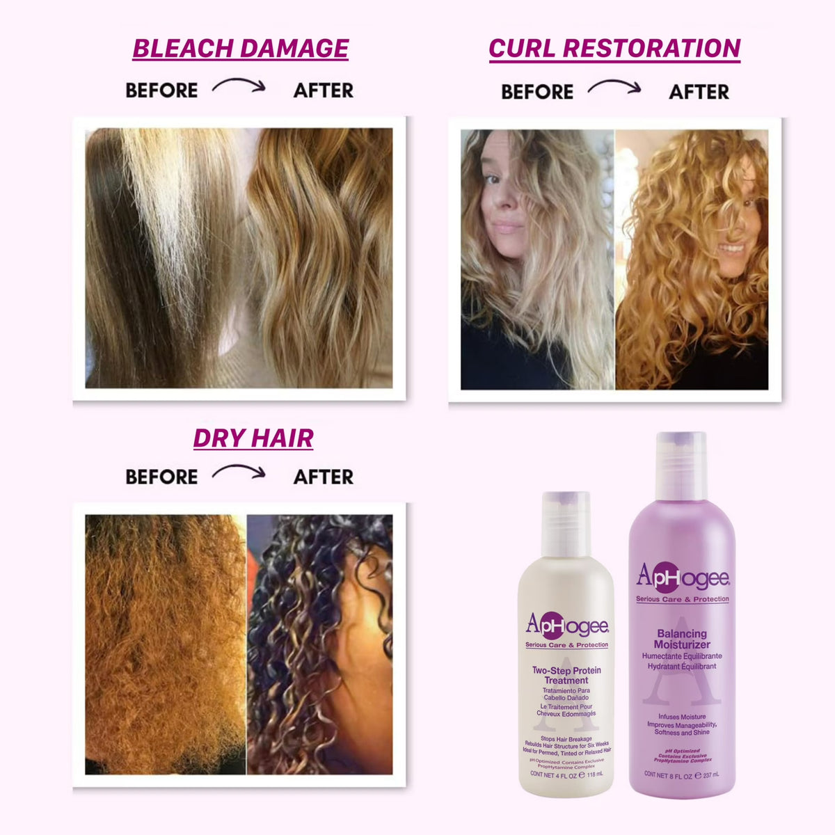 ApHogee Two-Step Protein Treatment og Balancing Moisturizer med før/efter-billeder af blegeskadet, tørt og krøllet hår restaureret til blødt, sundt hår.