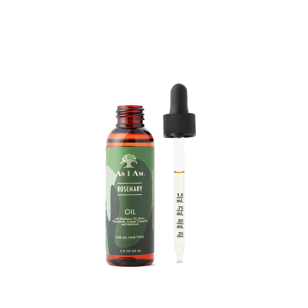 En flaske As I Am Rosemary Oil (60 ml) står ved siden af en pipette fyldt med olie, foran en hvid baggrund.