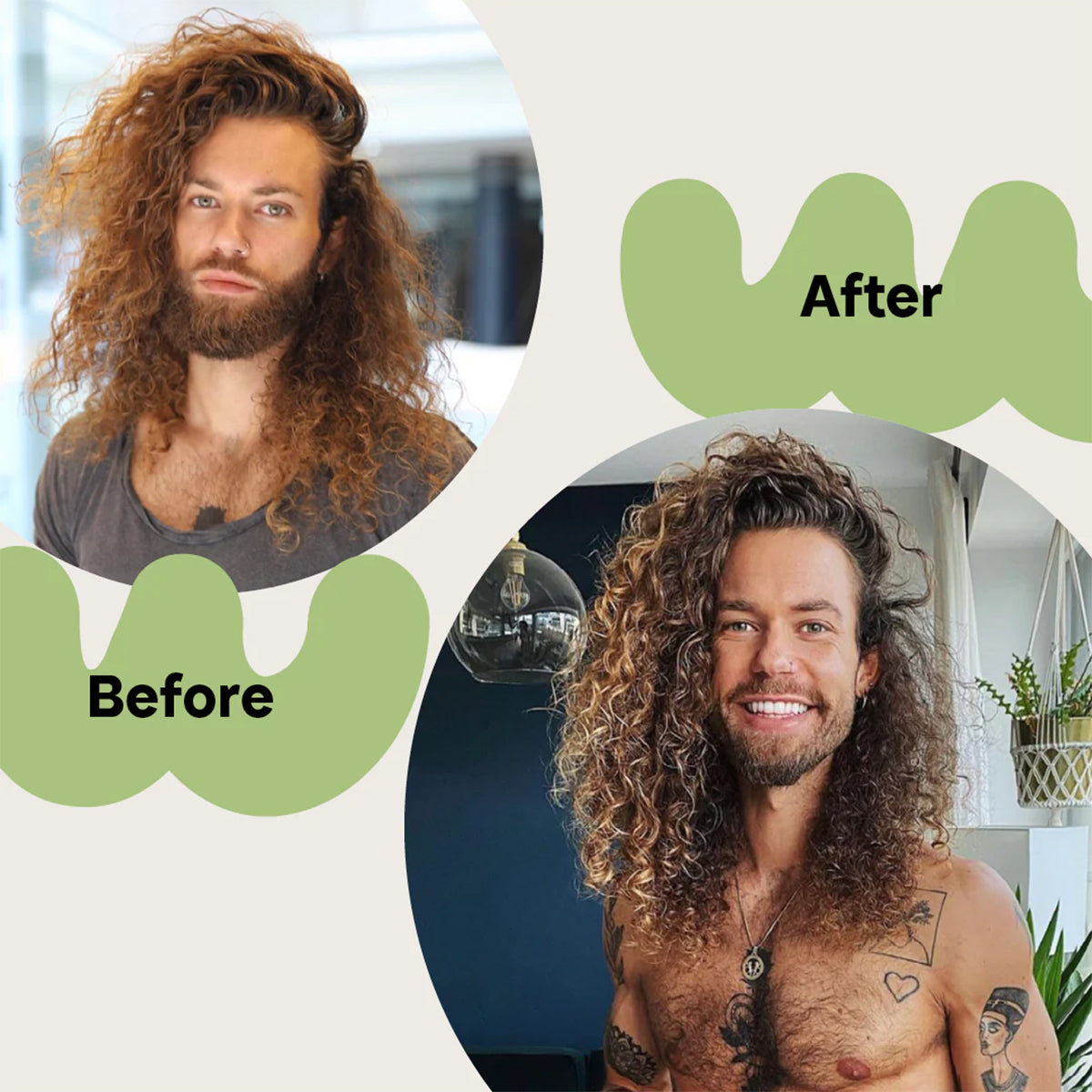 Mand med langt krøllet hår før og efter brug bali curls rosemary grow tonic – synligt sundere og mere definerede krøller.