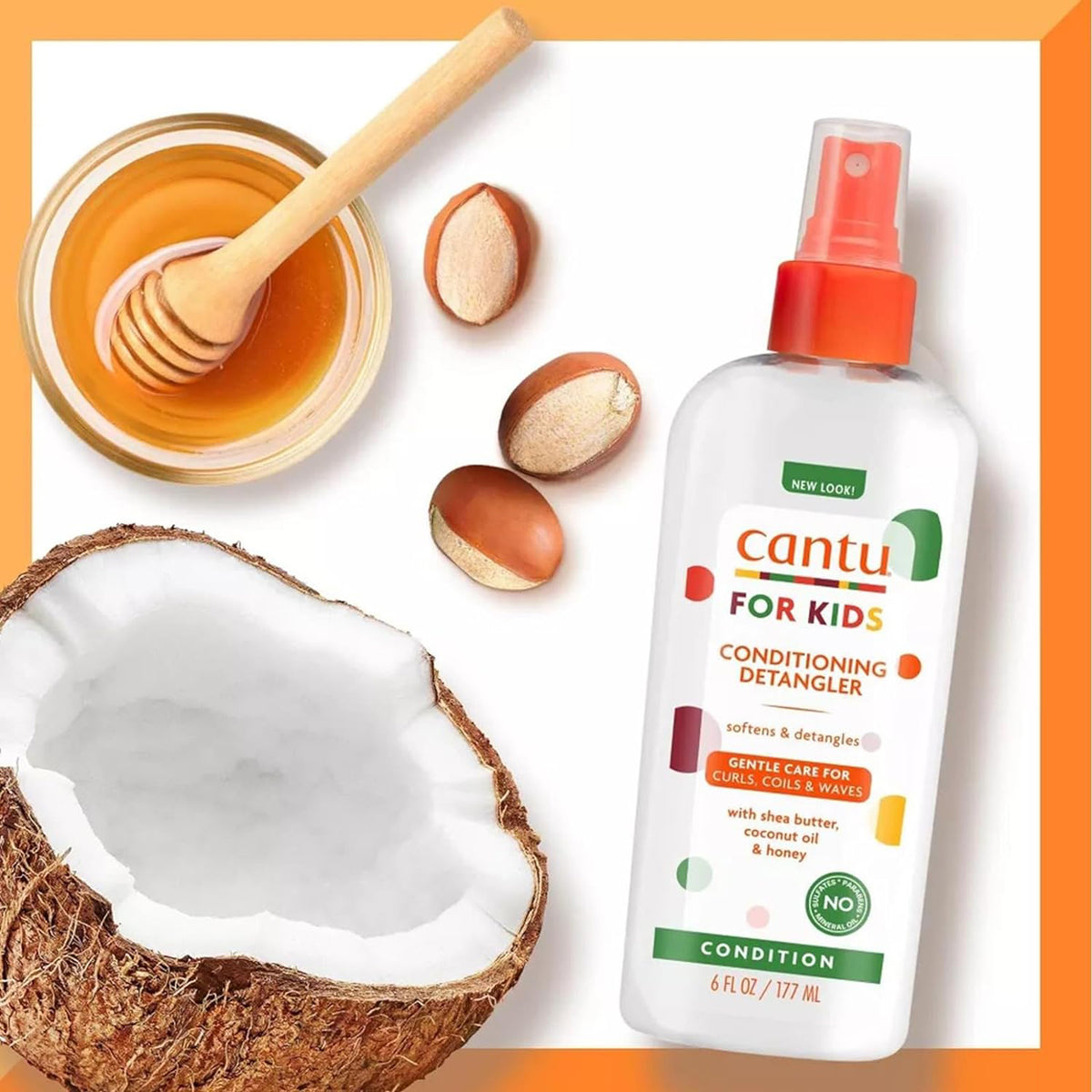 Cantu For Kids Conditioning Detangler-flaske med illustrationer af kokos, honning og sheasmør.