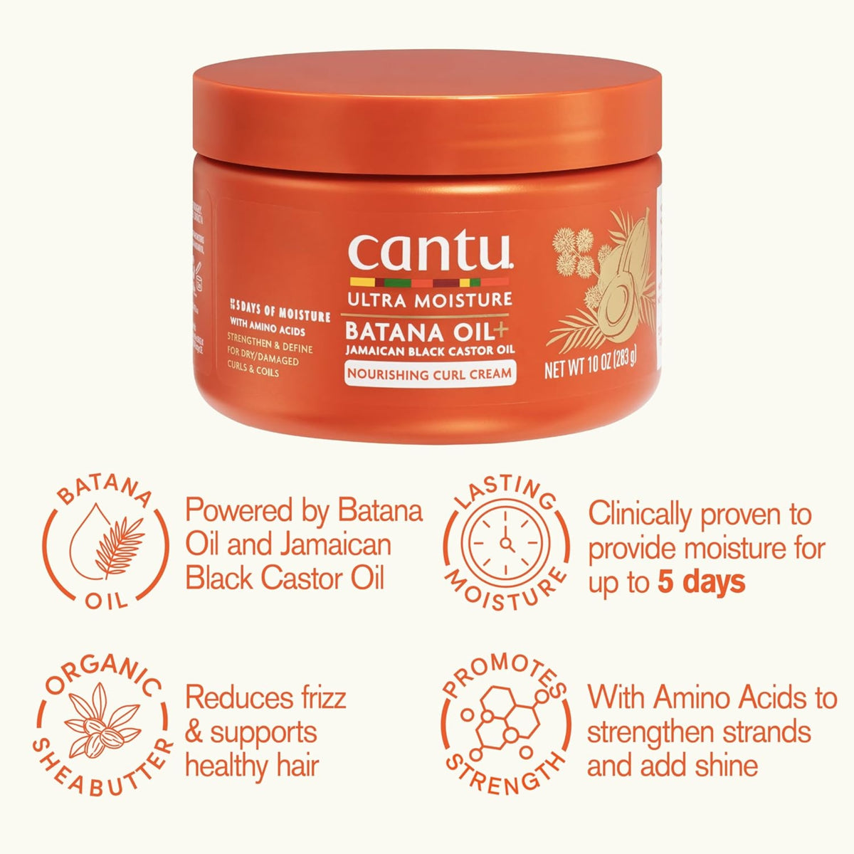 Cantu Ultra Moisture Batana Oil+ nourishing curl cream, orange banke på 283 g med ikoner for fugt og styrke.