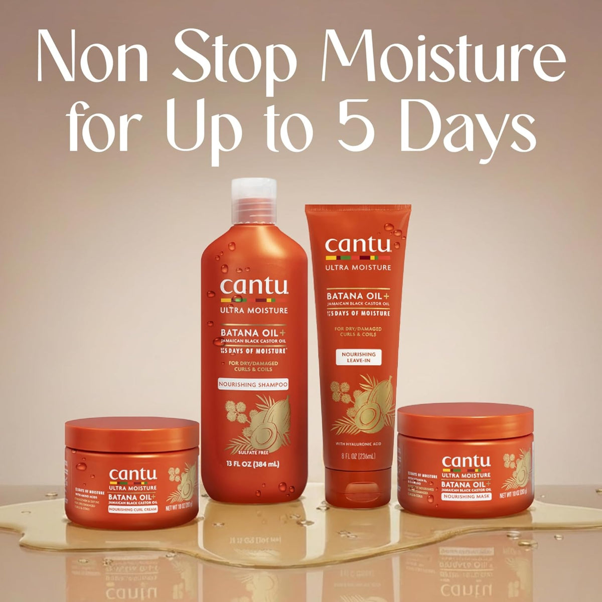 Cantu Ultra Moisture Batana Oil-serie: shampoo, leave-in, curl cream og mask i orange emballage – Non Stop Moisture for Up to 5 Days.