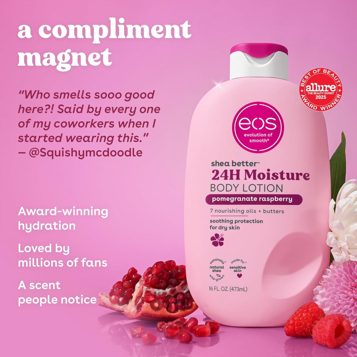 eos Shea Better 24H Moisture body lotion i pomegranate raspberry, flaske omgivet af granatæble og hindbær på lyserød baggrund.