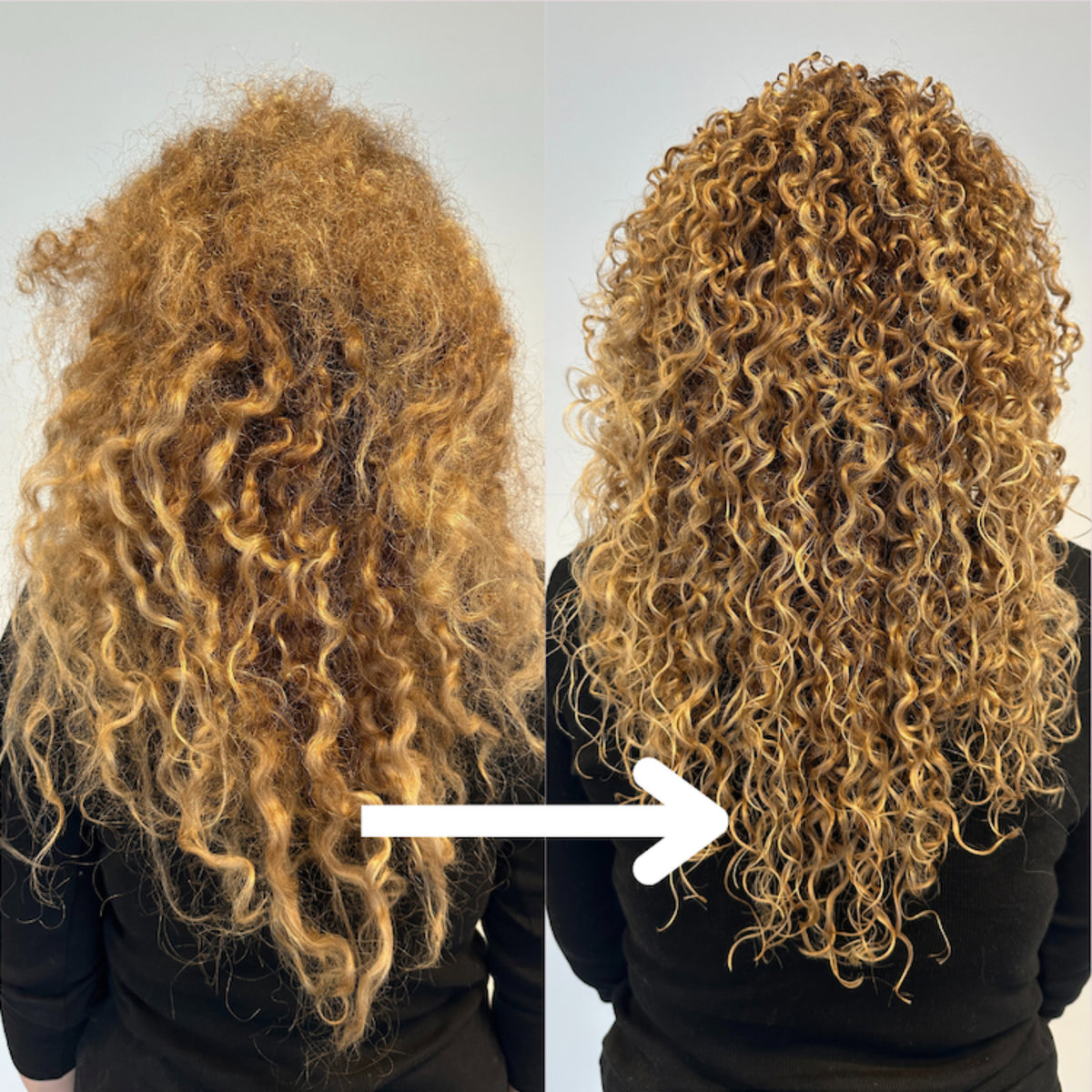 Før og efter krøllet hår: frizzy, uens krøller til venstre, definerede, glansfulde krøller til højre efter curly hair-behandling.