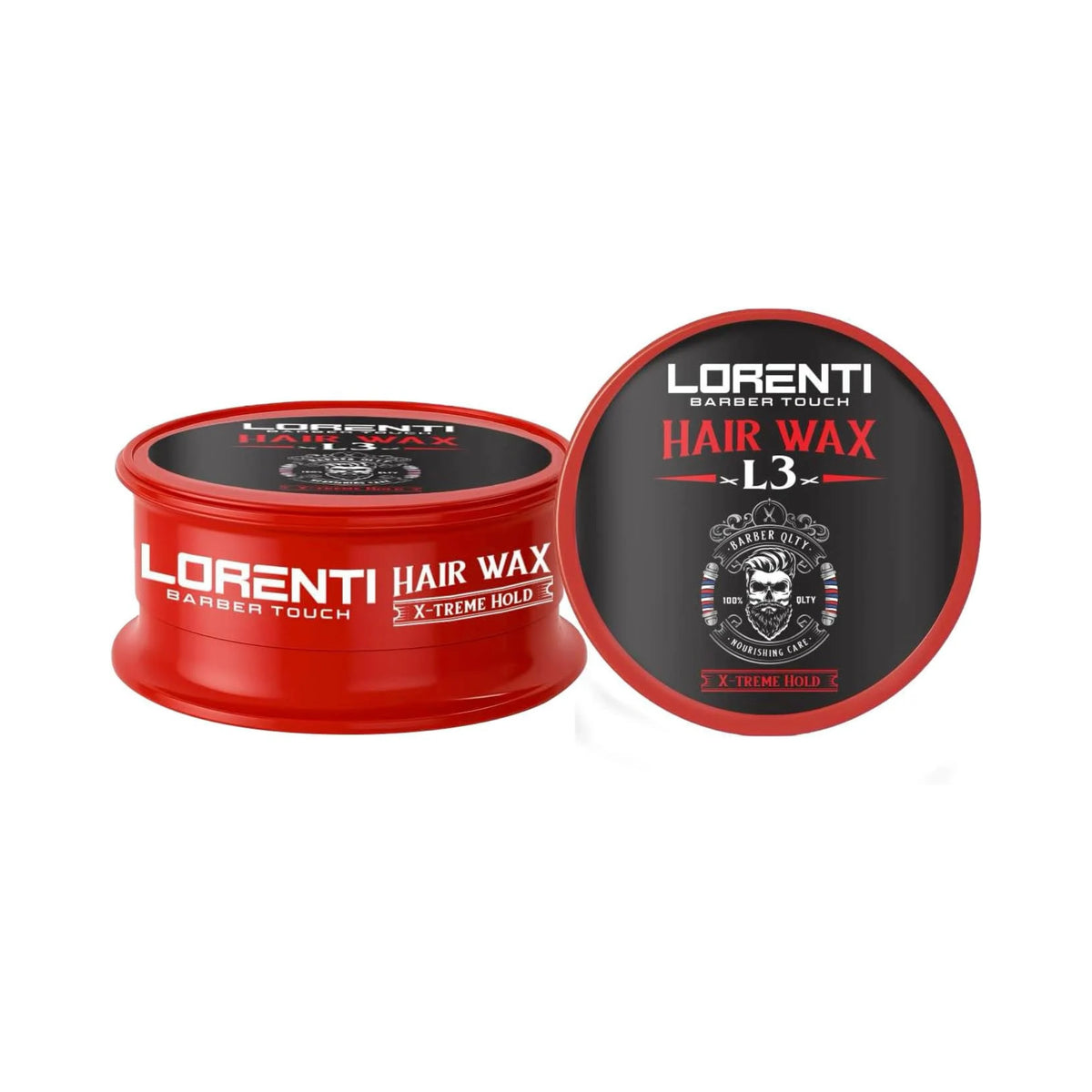 Rød dåse med Lorenti Hair Wax L3 X-treme Hold, sort låg med skægget skaldet mand-logo.