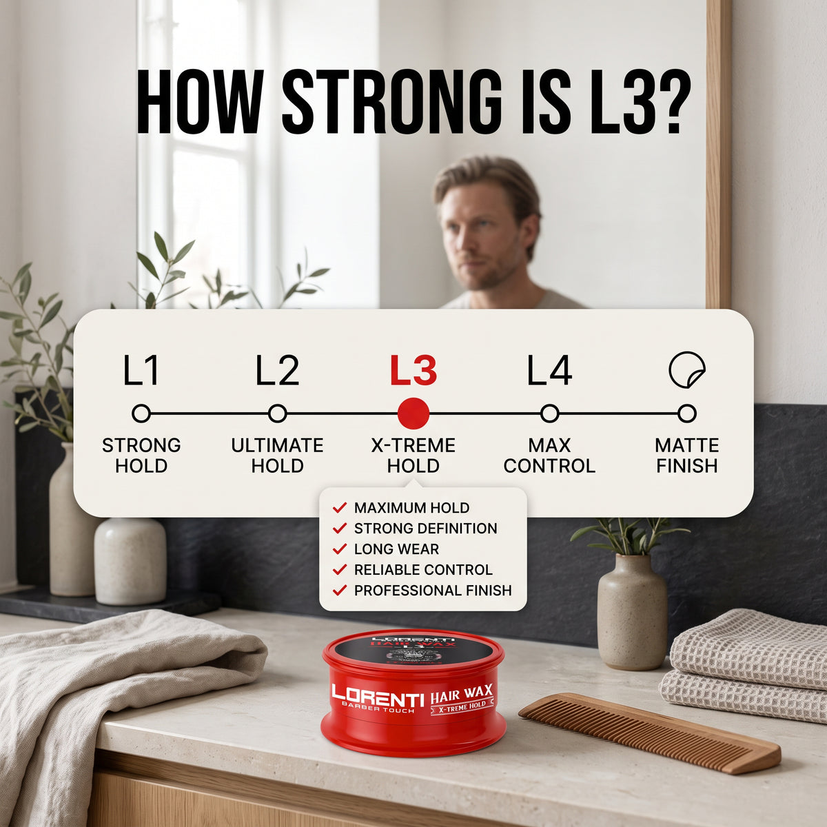 Lorenti Hair Wax L3 X-Treme Hold i rød dåse på badeværelsesbord med skala fra L1 til matte finish og træhårkam.