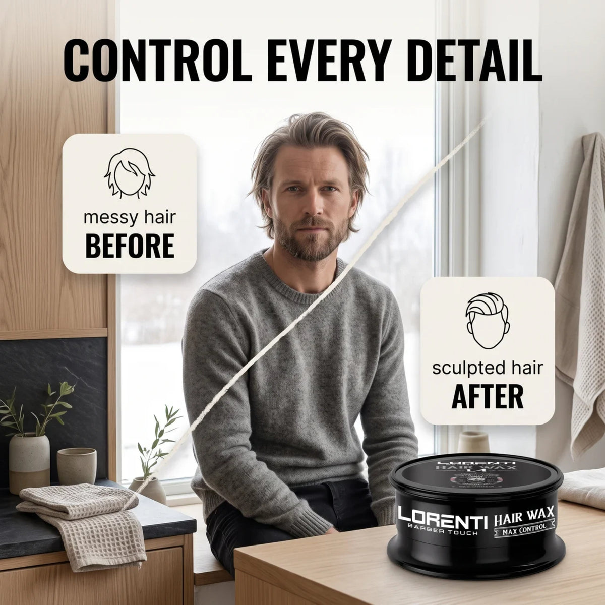 Mand med skulderlangt hår før og after styling med Lorenti Hair Wax Max Control, sort dåse på træbord.