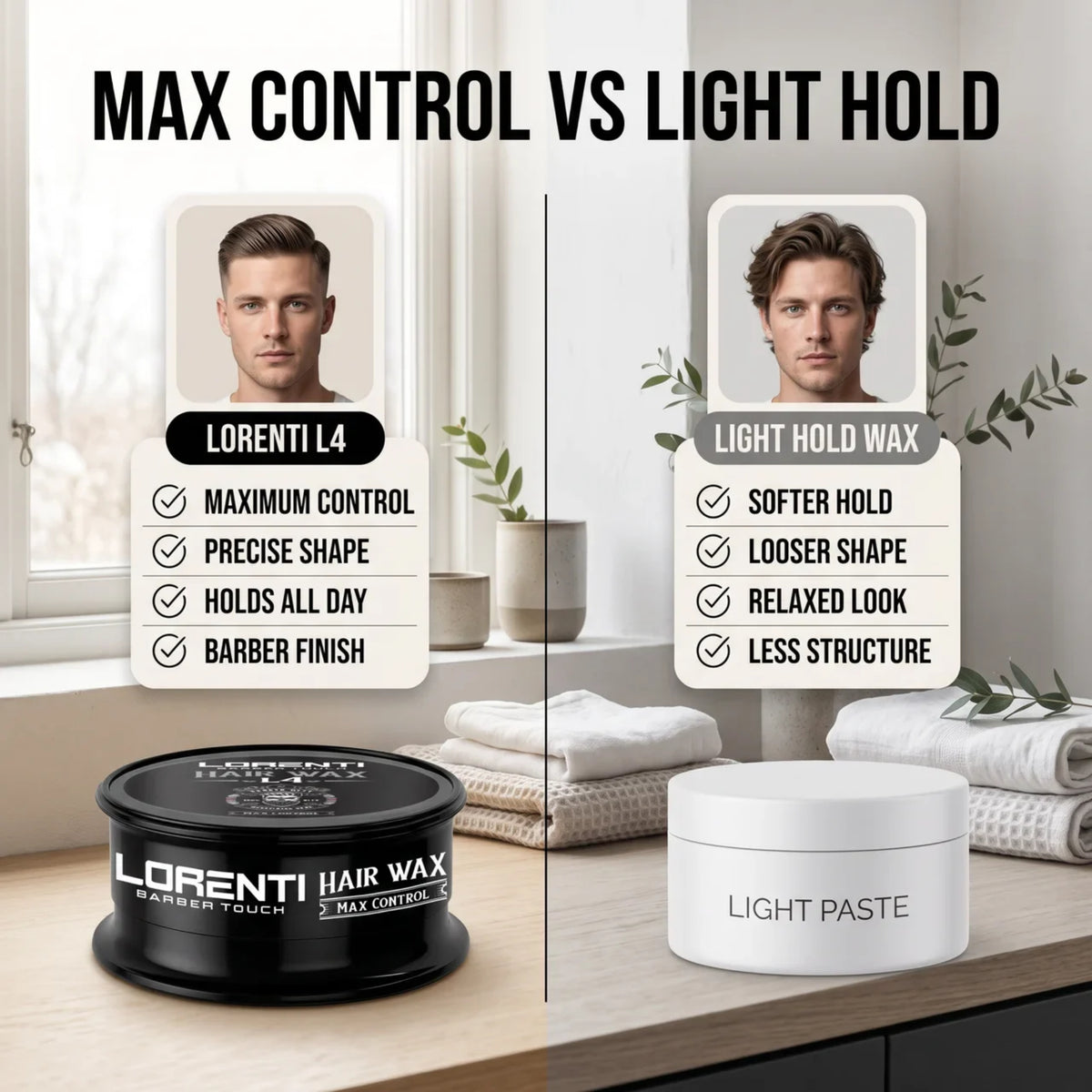 Sammenligning af Lorenti L4 hair wax med maksimal kontrol og Light Hold Wax med blødere, løsere finish.