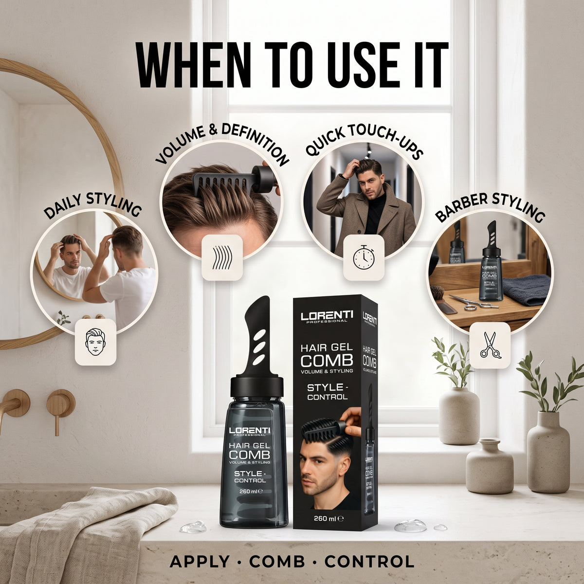 Lorenti Hair Gel Comb 260 ml til daglig styling, volumen, quick touch-ups og barberstyling i badeværelsesmiljø.