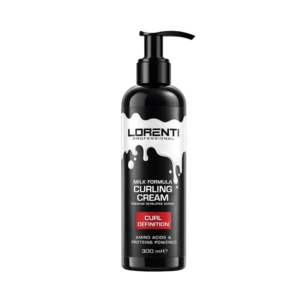 Sort pumpeflaske med Lorenti Professional Milk Formula Curling Cream, 300 ml, hvid dryp-etikette og rødt curl definition-mærkat.
