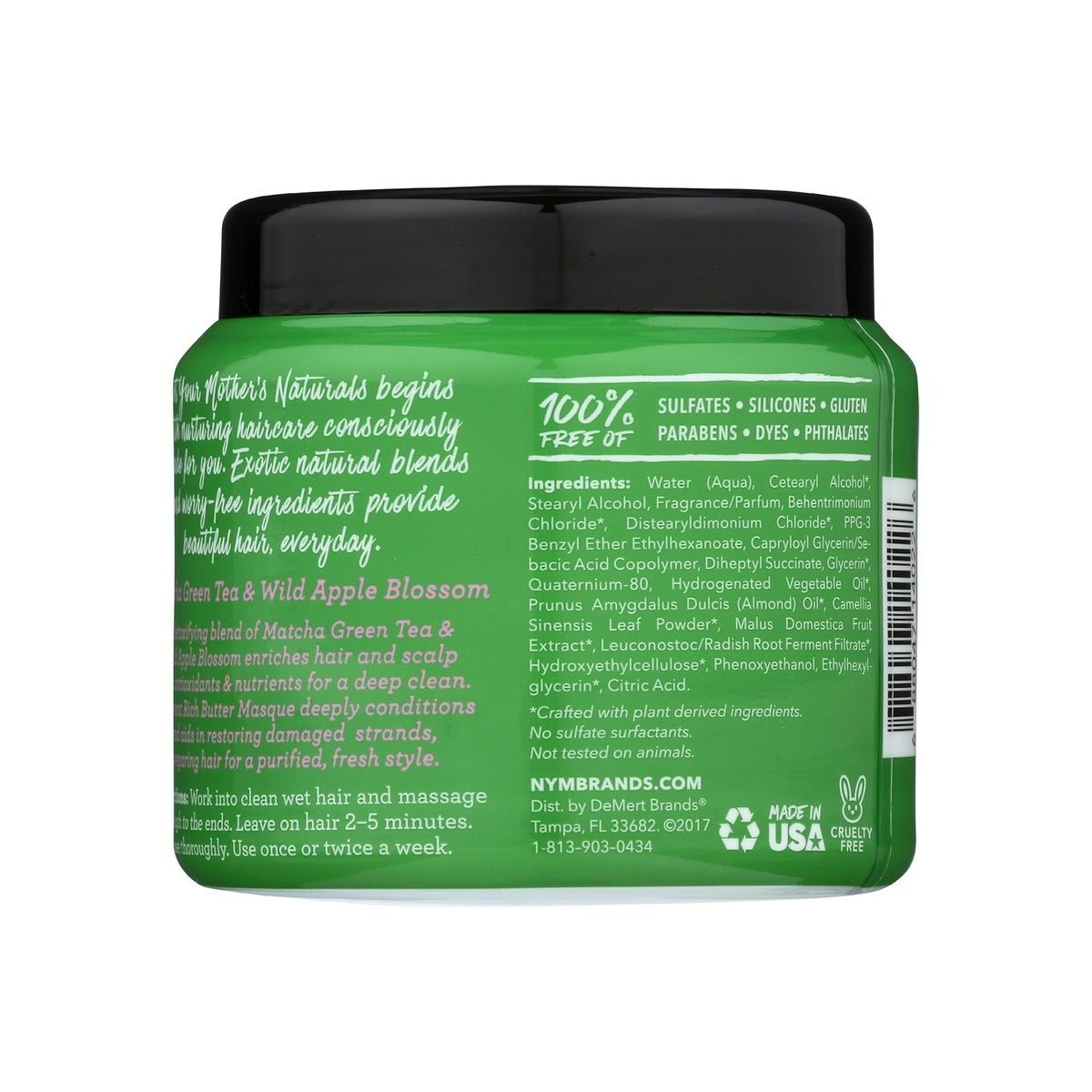 Not Your Mother's Matcha Green Tea & Wild Apple Blossom Butter Masque 283 g set bagfra med grøn etiket, sort låg og ingrediensliste.