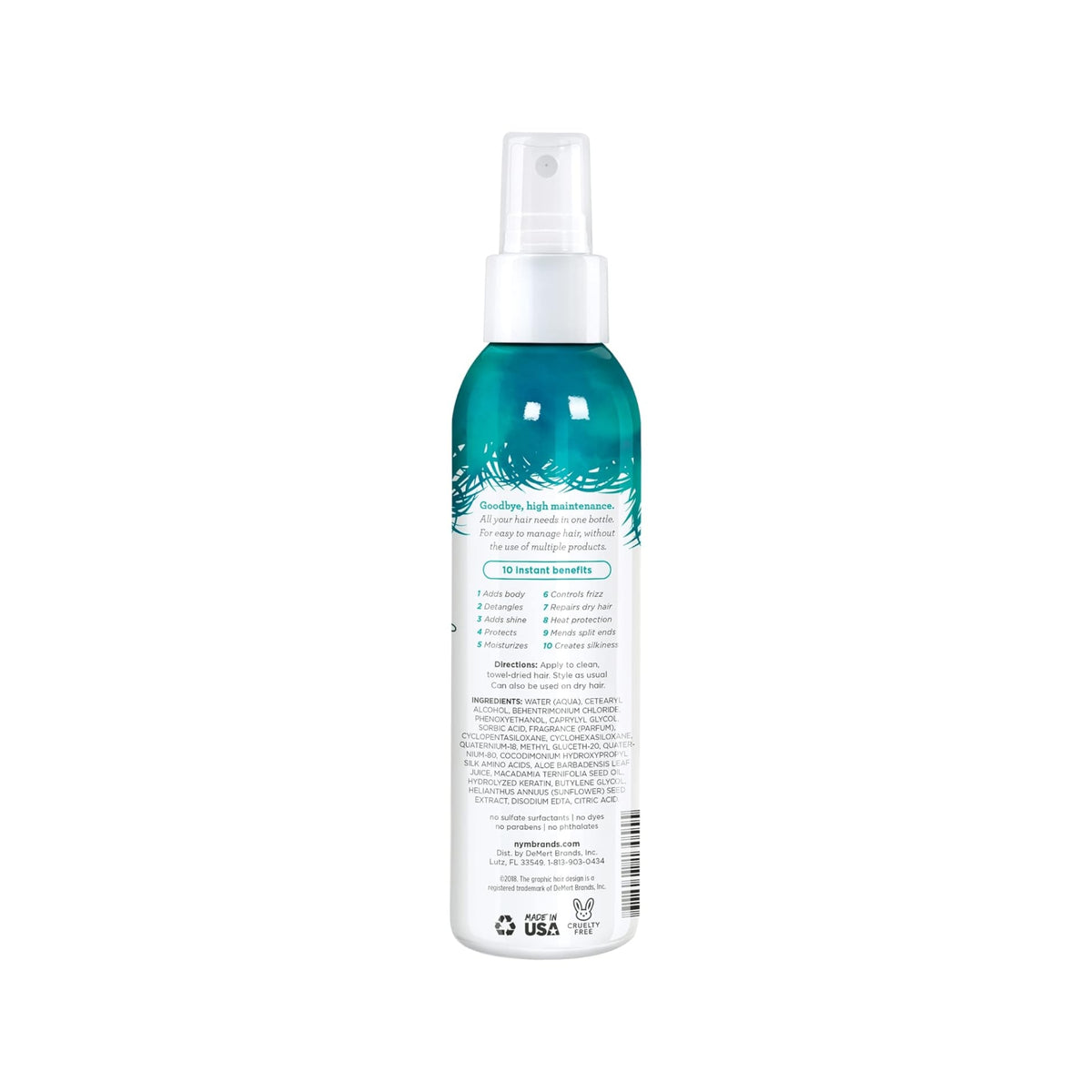 Hårspray-flaske med blågrøn fjerdesign, 10 instant benefits, sulfat- og parabenfri, cruelty-free, made in USA.