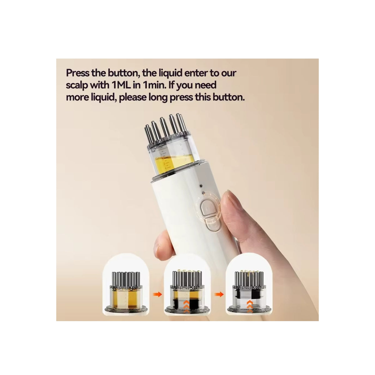 Hånd der holder en hvid serum-infusionspen, hvor olie pumpes ud via metalspidserne; nederst vises trin-for-trin illustration af, hvordan væsken bevæger sig op i dispenserhovedet.