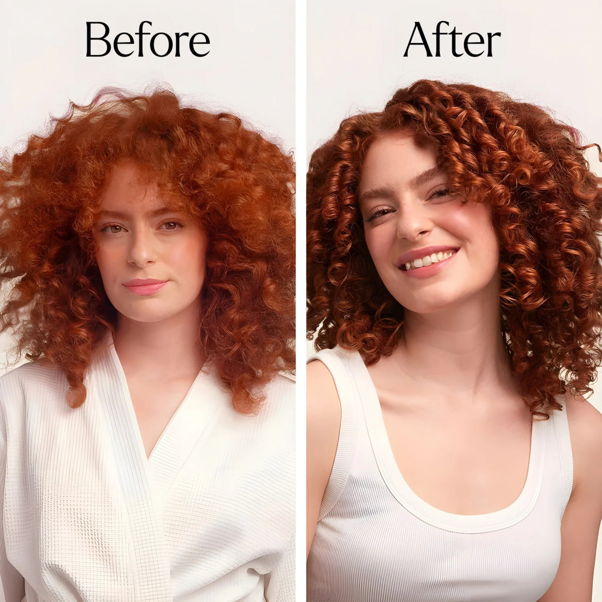 Model med voluminøse krøller efter brug af Only Curls Volumising Curl Mousse 200ml.