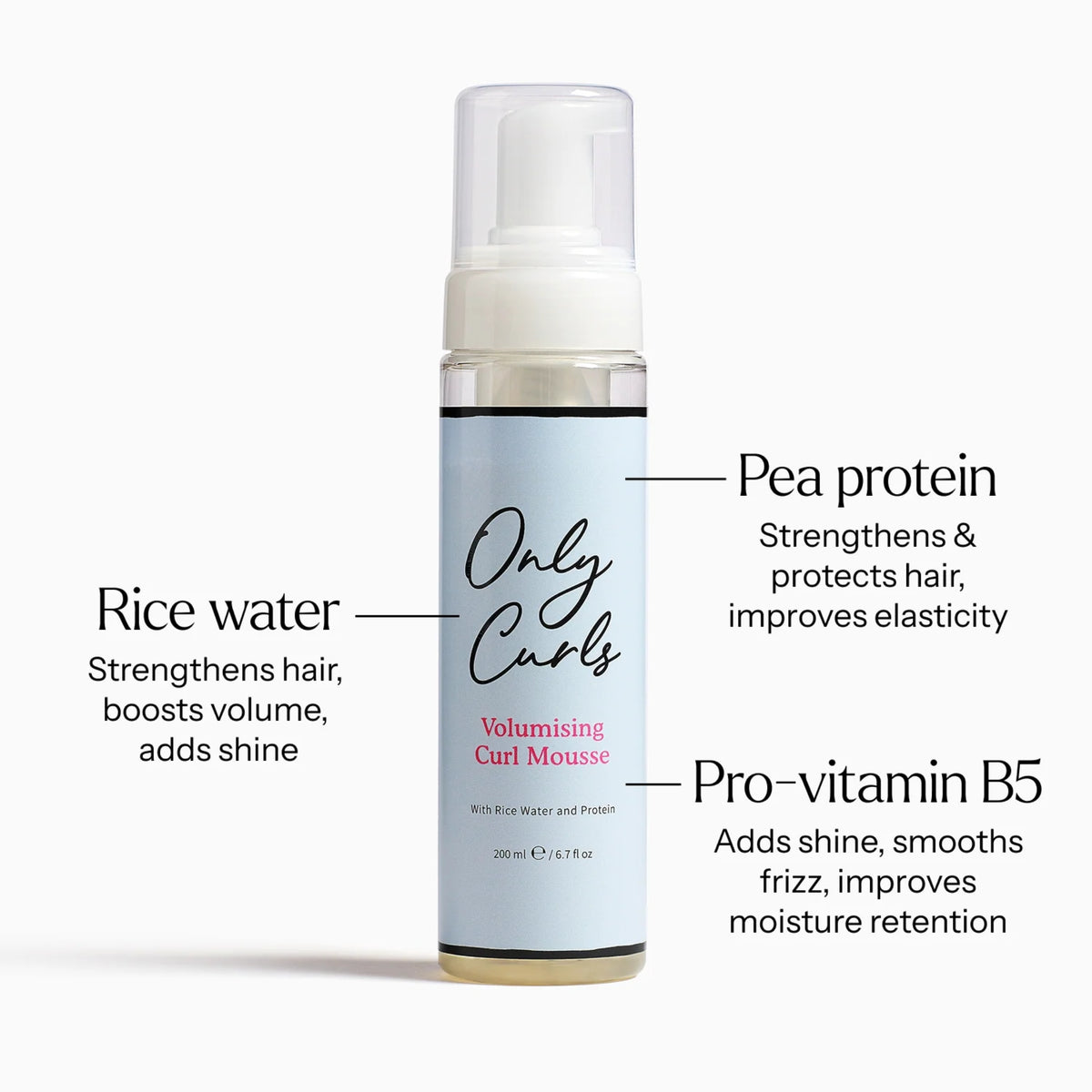 Only Curls Volumising Curl Mousse 200ml – hvid spraydåse set fra siden med Only Curls branding.