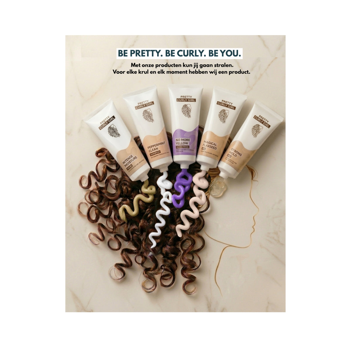 Fem Pretty Curly Girl produkter i krøllet hår: Intense Moisture, Peppermint Clean, No More Yellow, Magical Flaxseed og Strong Hold.