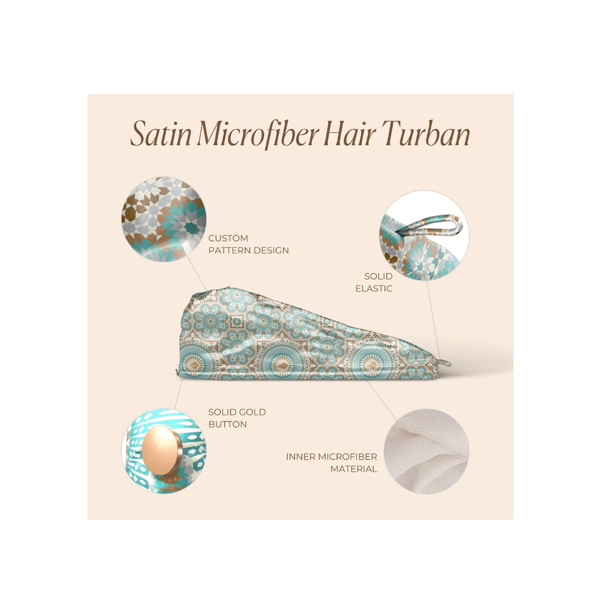 Turban i blød satinmikrofiber med specialmønster, guldknap og elastik – Bounce Curl Satin Microfiber Turban.